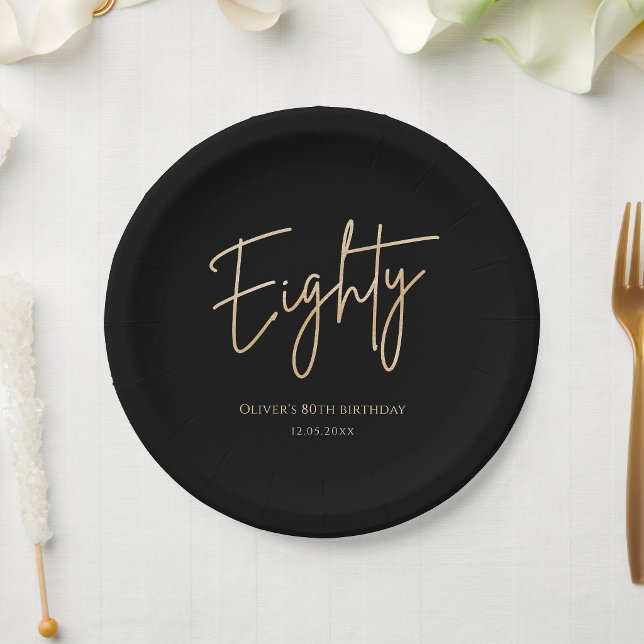 Assiettes en Papier pour la Fête d'Anniversaire de (Black Gold 80th Birthday Party Paper Plates)