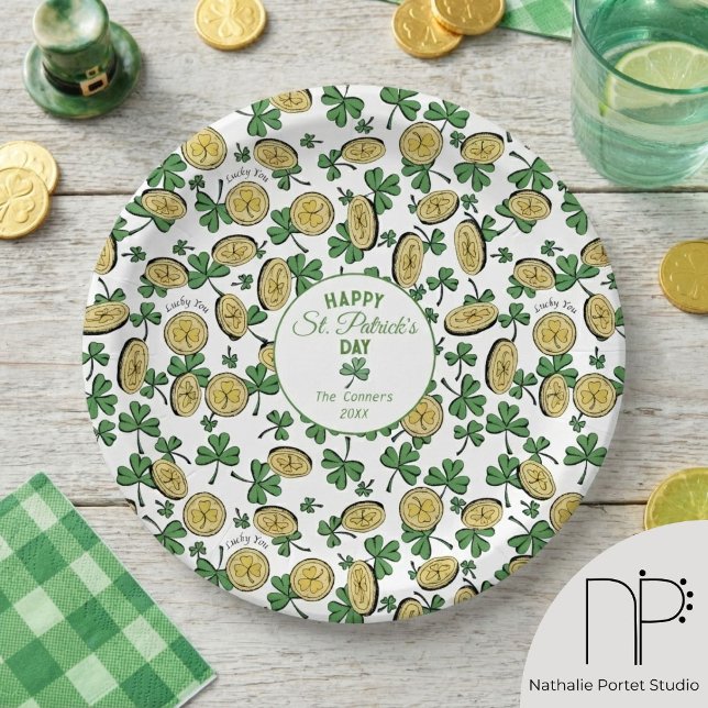 Assiettes en papier pour la Saint-Patrick Lucky Yo (hand-drawn fine-line lucky you st patricks day plates with shamrocks and gold coins)