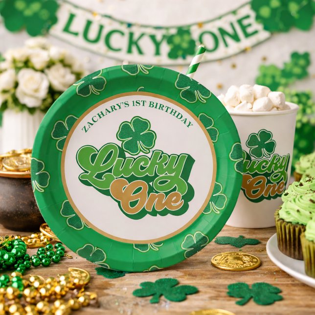 Assiettes en papier pour le premier anniversaire d (Gold and Green Lucky One First Birthday Paper Plates)