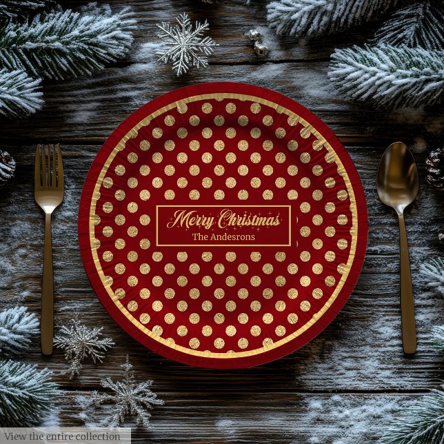 Assiettes en papier pour les fêtes personnalisées  (Personalized Holiday Paper Plates Red & Gold Dots)