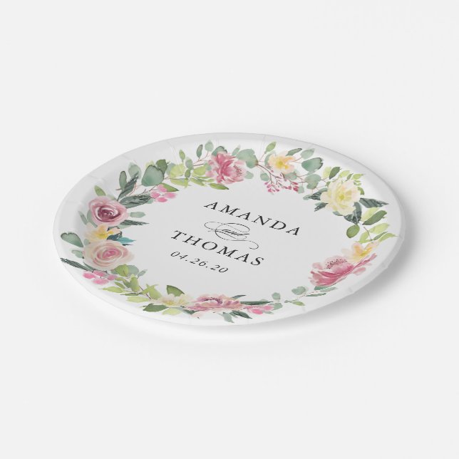 Assiettes en papier pour mariage à fleurs rose pas (Angle)