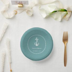 Assiettes en papier pour mariage avec ancre marine