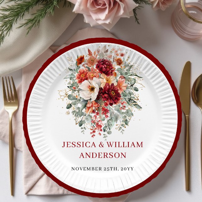 Assiettes en papier pour mariage avec verdure mode (Modern Burgundy Greenery Wedding Paper Plates

)