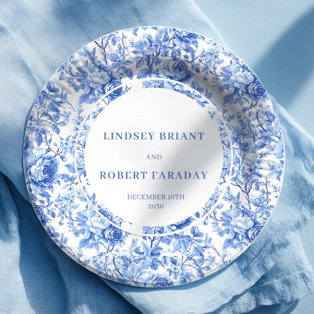 Assiettes en papier pour mariage chic Roses bleu r (Royal Blue Roses Chic Wedding Paper Plates)