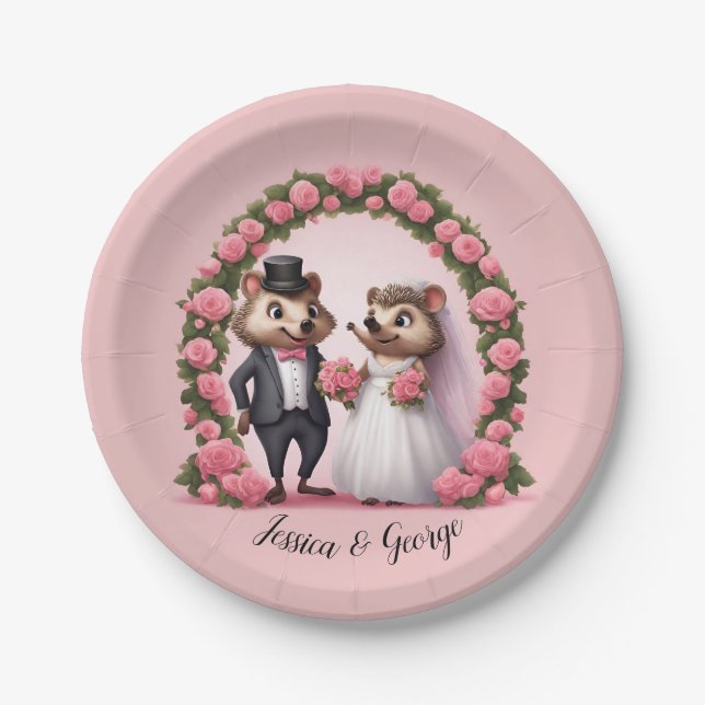 Assiettes en papier pour mariage de mariés hérisso (Devant)