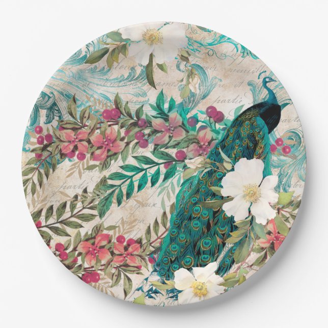 Assiettes en papier pour mariage paon (Devant)