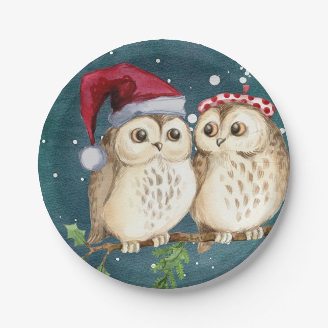 Assiettes en papier pour Noël avec chouette mignon (Devant)