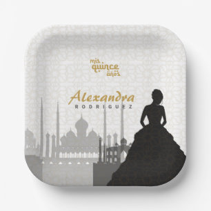 Assiettes en papier Quinceañera arabe noir et or