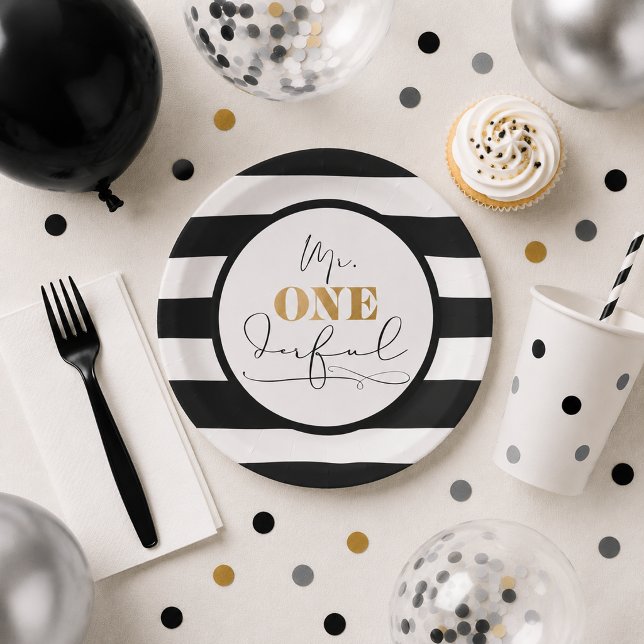 Assiettes en papier rayées noir et blanc Mr. Onede (Mr. Onederful Paper Plates)