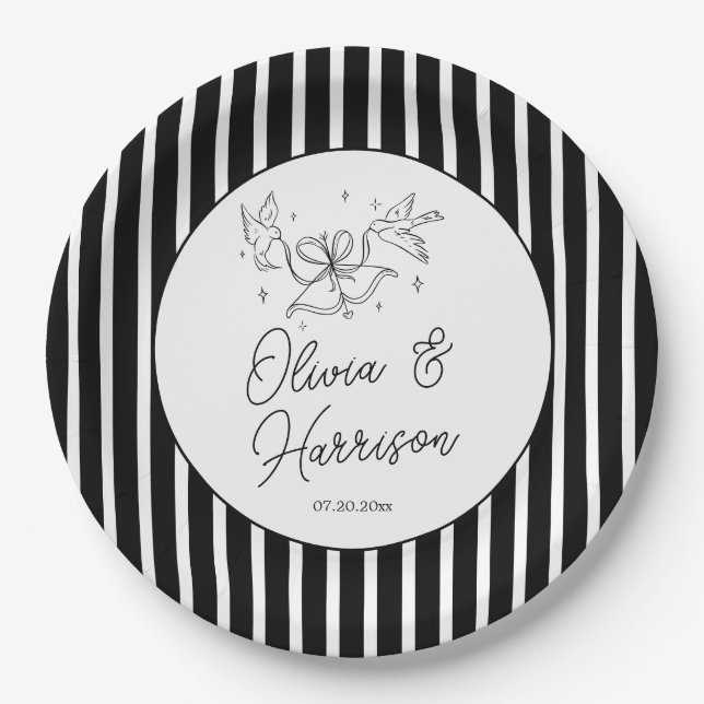 Assiettes en papier rayées noir et blanc pour mari (Devant)
