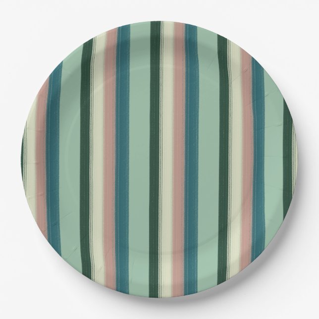 Assiettes en papier rayées vert sauge (Devant)