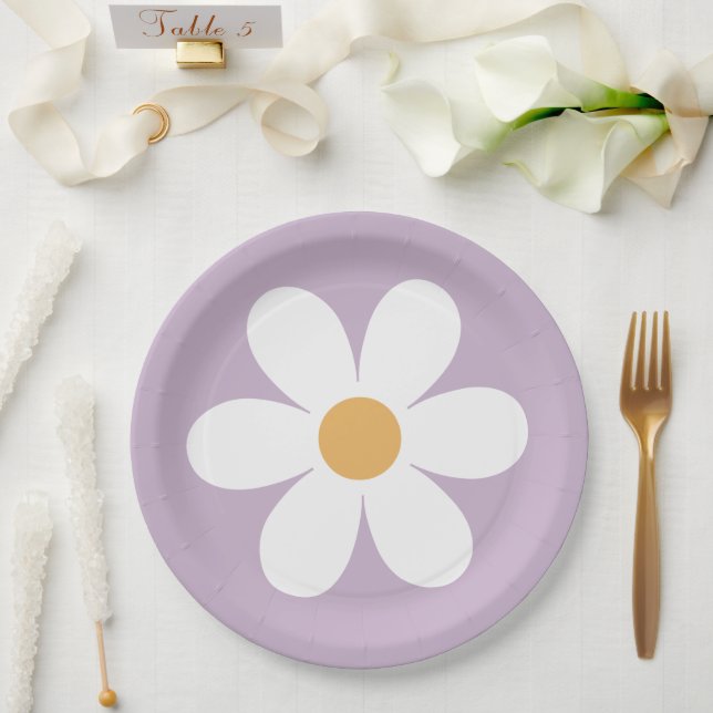 Assiettes en papier rétro daisy violet bohème (Mariage)
