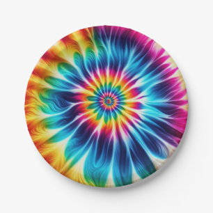 Assiettes en papier rétro tie-dye arc-en-ciel psyc