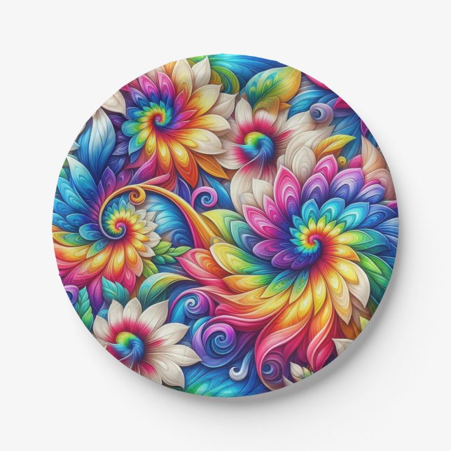 Assiettes en papier rétro tie-dye arc-en-ciel psyc (Devant)