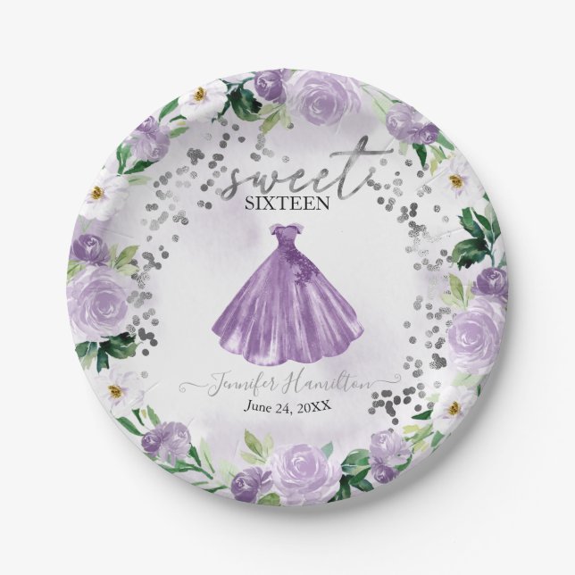 Assiettes en papier robe florale violette Sweet 16 (Devant)