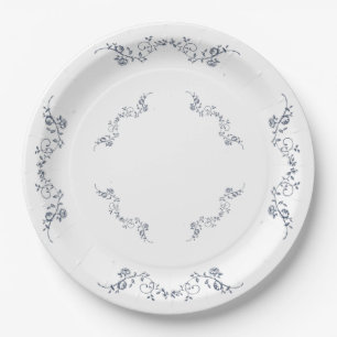 Assiettes en Papier Rond Floral Vintage Bleu Pouss