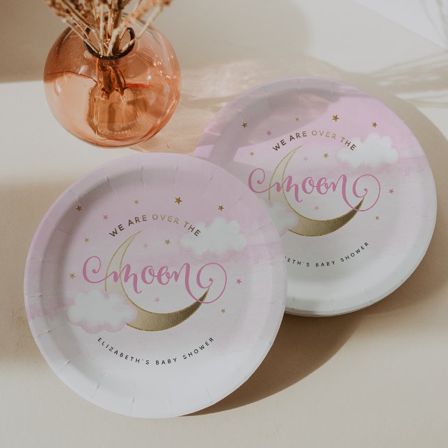 Assiettes en papier Rose Clair de Lune (Pink Over the Moon Baby Shower Paper Plates
#OverTheMoon)