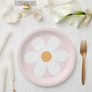 Assiettes en papier rose pâle rétro marguerite boh