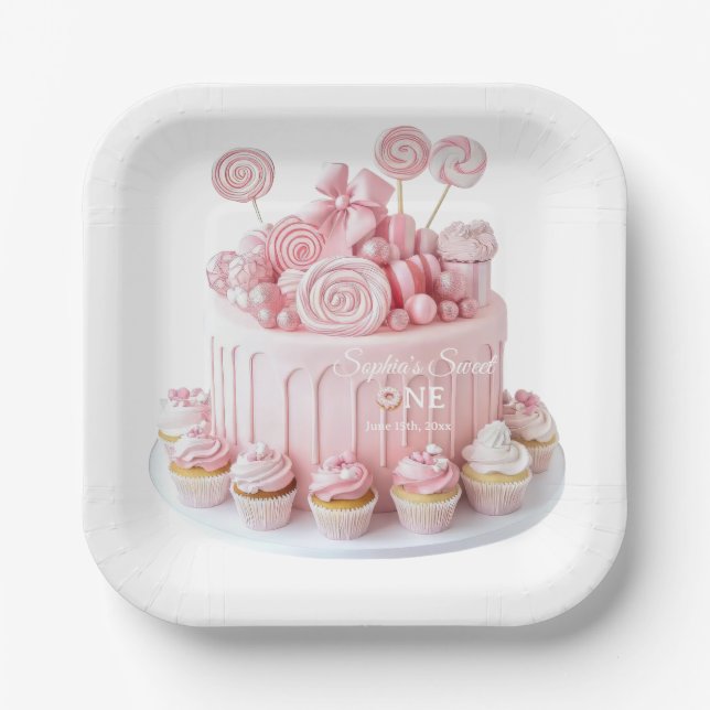 Assiettes en papier Rose Sweet One Birthday (Recto)