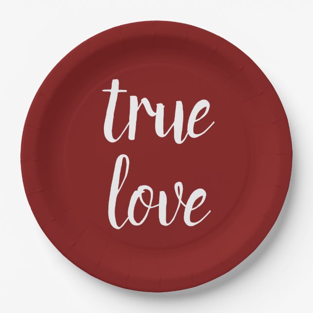 Assiettes en papier rouge profond "Vrai Amour" (Devant)