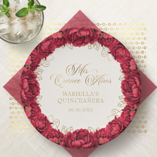 Assiettes en papier rouges florales pour Quinceane