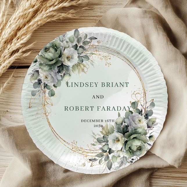 Assiettes en papier Rustique Boho avec feuillage e (Rustic Boho Greenery and Gold Wedding Paper Plates)
