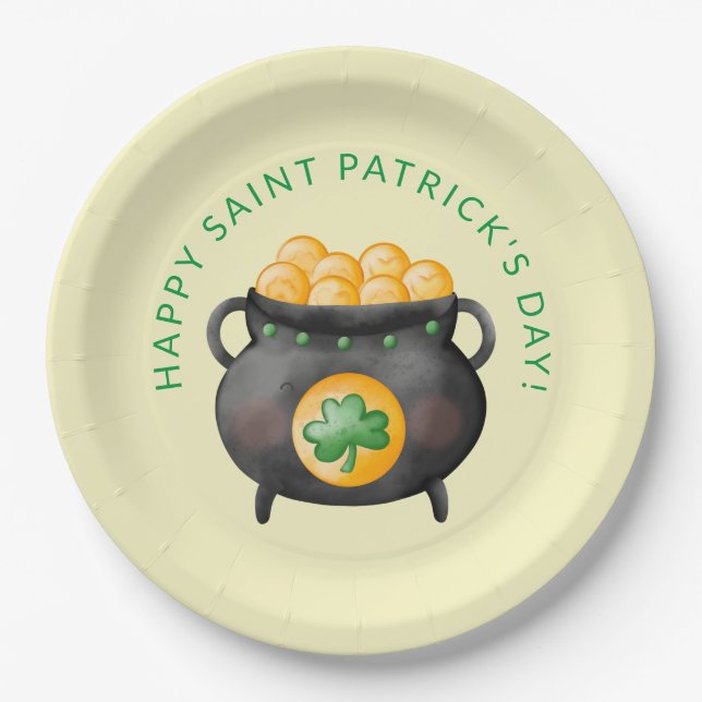 Assiettes en papier Saint-Patrick Pot d'or Joyeux (Devant)