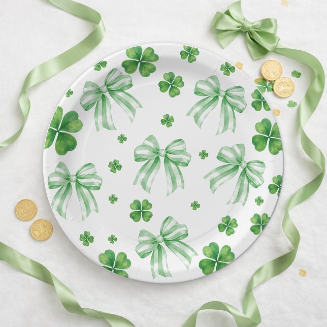Assiettes en papier Saint-Patrick Vert Trèfle à Nœ (Shamrock Green Bow St. Patricks Day Paper Plates)