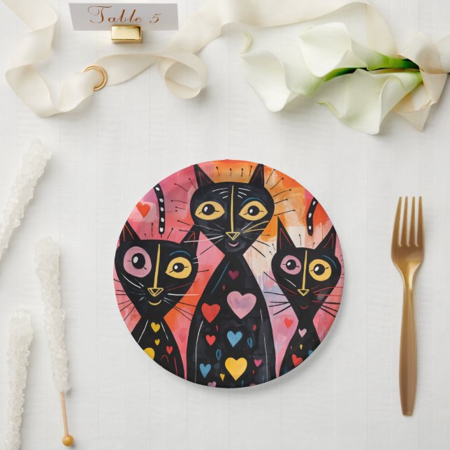Assiettes en papier Saint-Valentin Chat Cœurs Roug (Mariage)