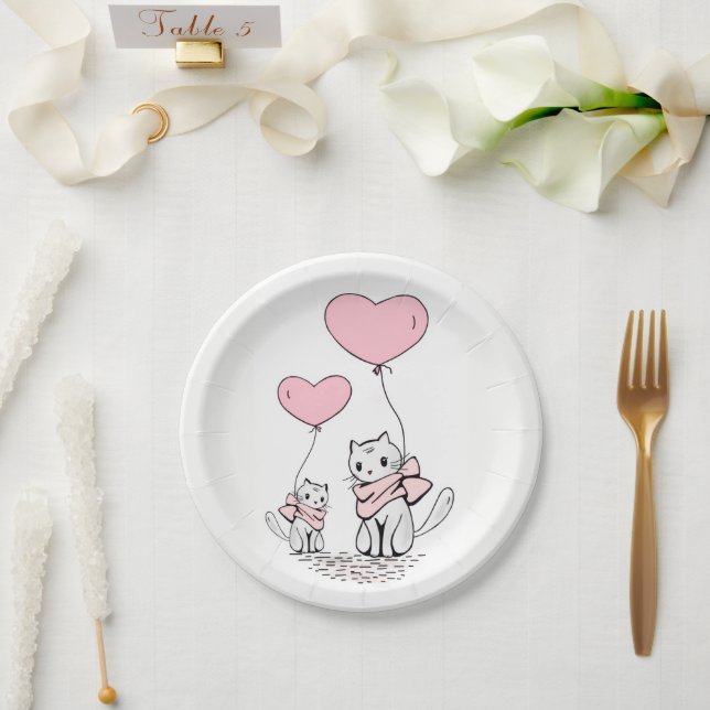 Assiettes en papier Saint-Valentin Chats Cœurs Ros (Mariage)
