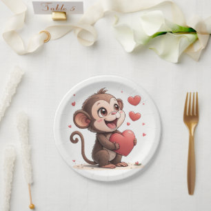 Assiettes en papier Saint-Valentin Singe Cœurs Rou