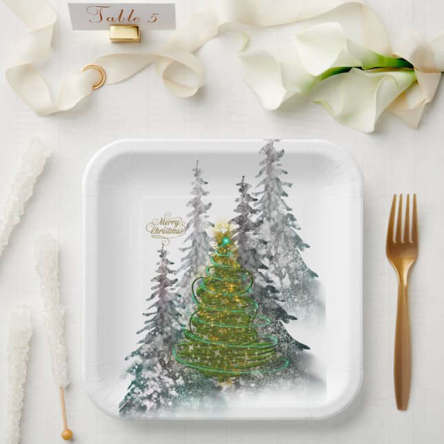 Assiettes en papier Sapin de Noël Forêt enneigée  (Mariage)
