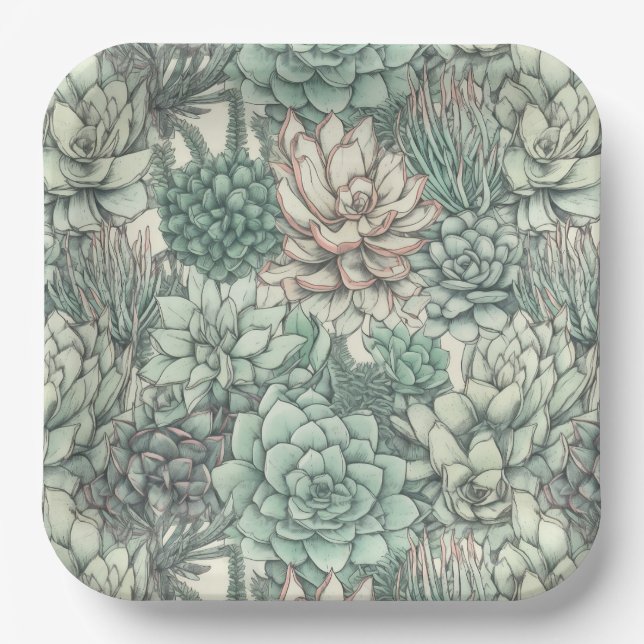 Assiettes en papier succulentes, plantes de cactus (Recto)
