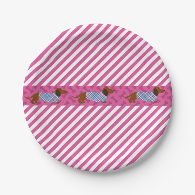 Assiettes en papier teckel rayure rose (Devant)