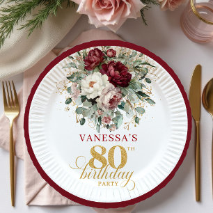 Assiettes en papier tendance bordeaux floral 80 an