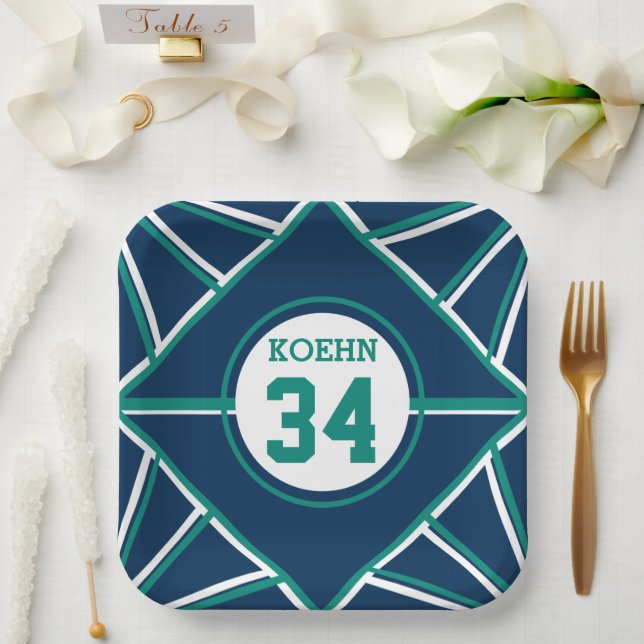 Assiettes en papier thème sportif bleu et sarcelle (Mariage)