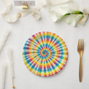 Assiettes en papier Tie-Dye arc-en-ciel psychédéli