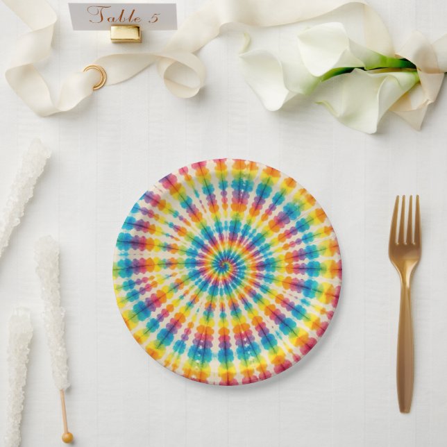 Assiettes en papier Tie-Dye arc-en-ciel psychédéli (Mariage)