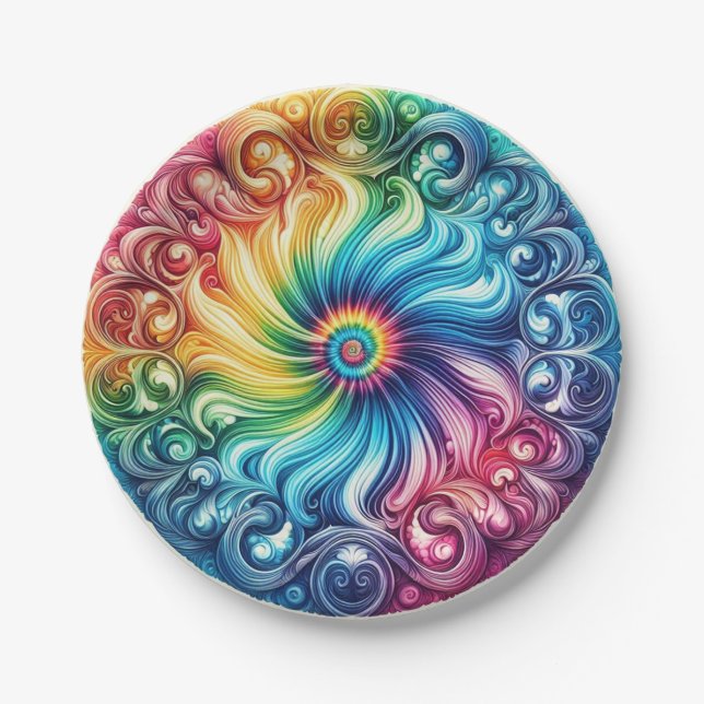 Assiettes en papier Tie-Dye arc-en-ciel psychédéli (Devant)