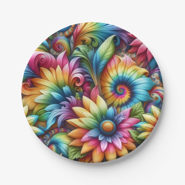 Assiettes en papier Tie-Dye arc-en-ciel psychédéli (Devant)