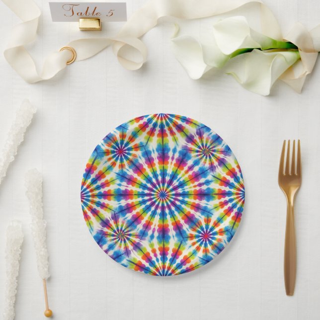 Assiettes en papier Tie-Dye arc-en-ciel psychédéli (Mariage)