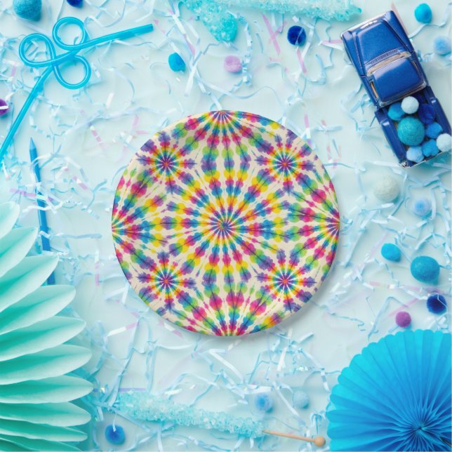 Assiettes en papier Tie-Dye arc-en-ciel psychédéli (Fête)