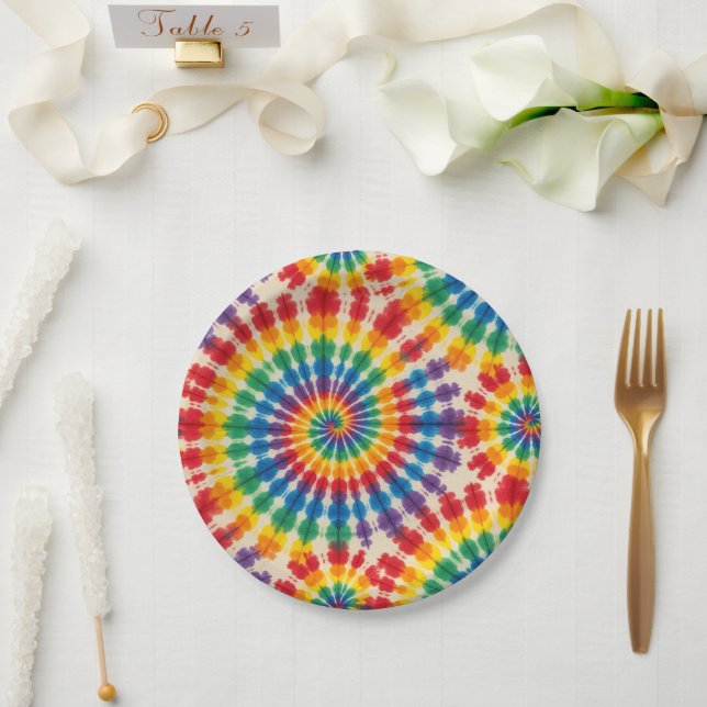 Assiettes en papier Tie-Dye arc-en-ciel psychédéli (Mariage)