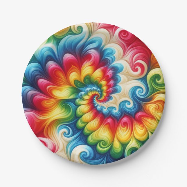 Assiettes en papier Tie-Dye arc-en-ciel psychédéli (Devant)