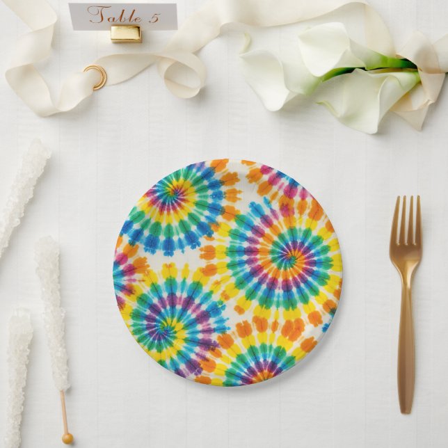Assiettes en papier tie-dye arc-en-ciel psychédéli (Mariage)