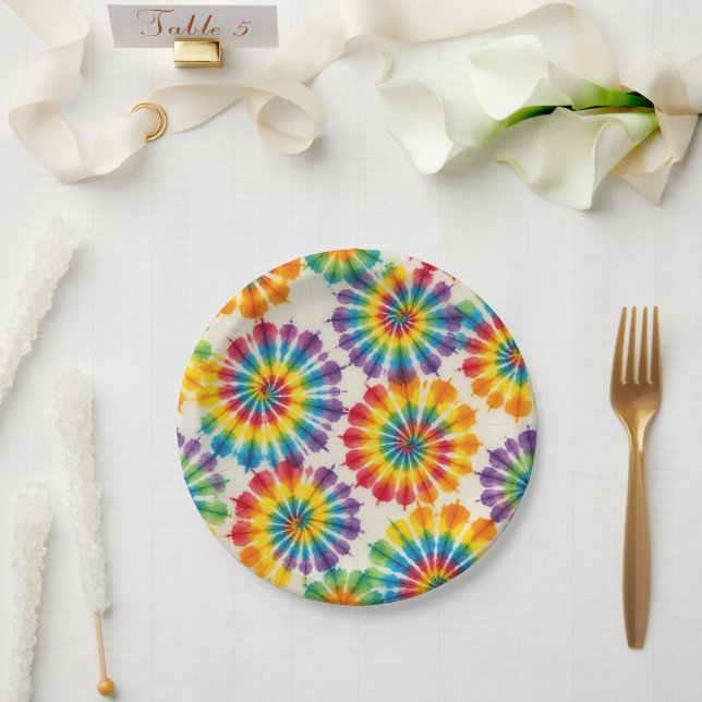 Assiettes en papier tie-dye arc-en-ciel psychédéli (Mariage)