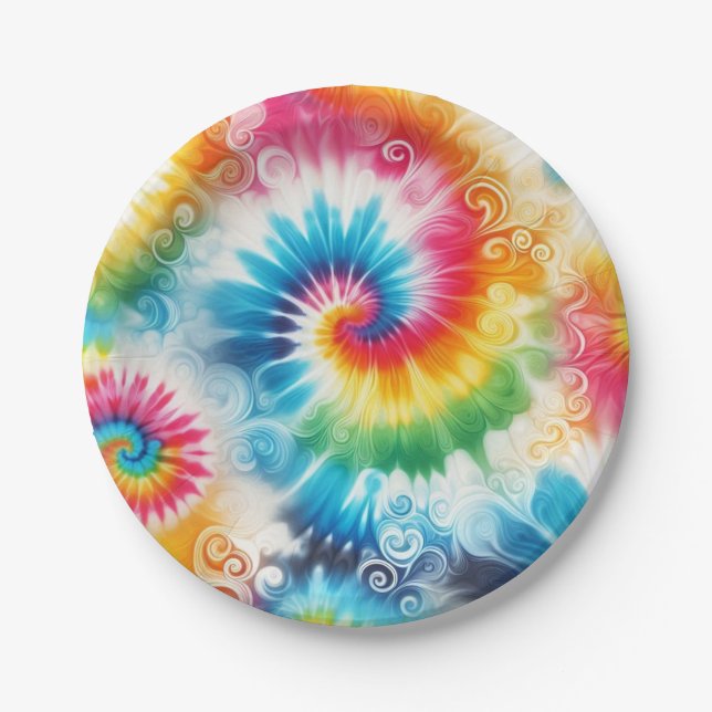 Assiettes en papier tie-dye arc-en-ciel psychédéli (Devant)