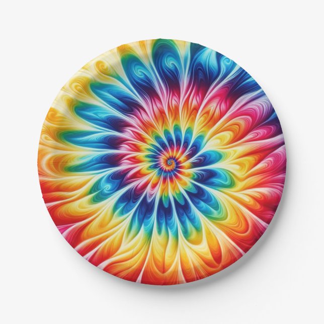 Assiettes en papier Tie-Dye arc-en-ciel psychédéli (Devant)