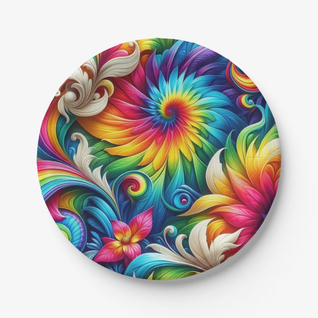 Assiettes en papier Tie-Dye arc-en-ciel psychédéli (Devant)
