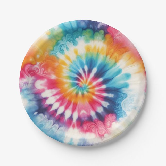 Assiettes en papier tie-dye arc-en-ciel psychédéli (Devant)